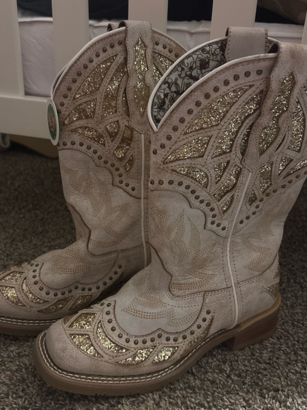 Women's Glitter Western Heeled Boots - Cream with Gold Accents